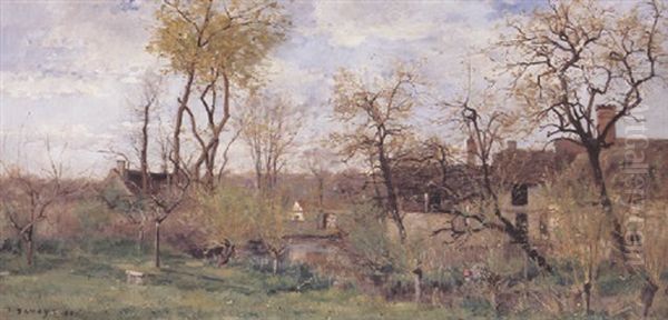 Wooded Landscape With A Figure At A Stream Before Cottages Oil Painting by Pierre Emmanuel Eugene Damoye