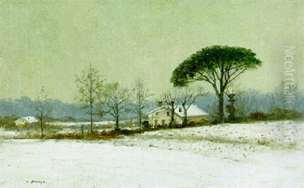 A Wintery Day Oil Painting by Pierre Emmanuel Eugene Damoye