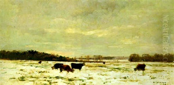 Winterliche Landschaft Mit Kuhen Oil Painting by Pierre Emmanuel Eugene Damoye