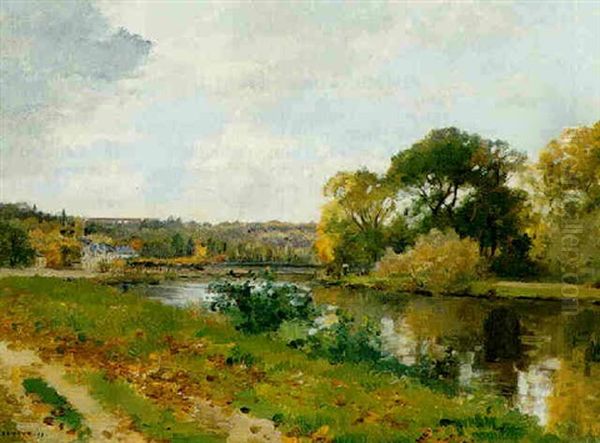 A River Landscape Oil Painting by Pierre Emmanuel Eugene Damoye