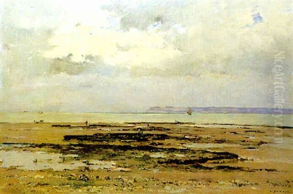 An Estuary Scene Oil Painting by Pierre Emmanuel Eugene Damoye