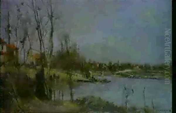 La Seine Aux Environs De Paris (saint-ouen Ou Gennevilliers) Oil Painting by Pierre Emmanuel Eugene Damoye