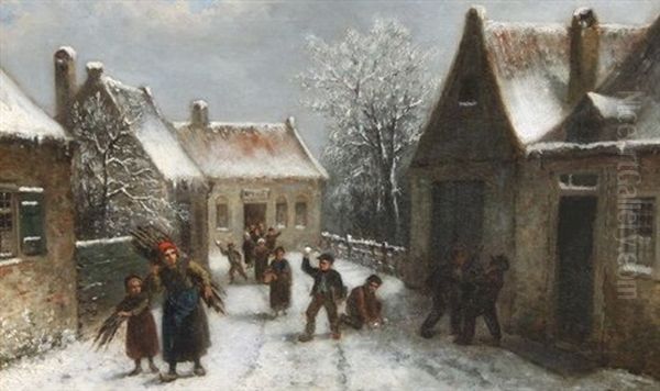 Sneeuwballen Gooien Oil Painting by Jan Jacobus Matthijs Damschroeder