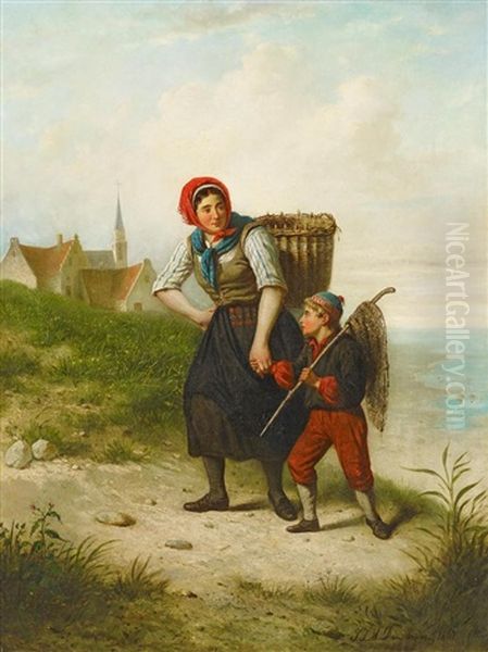 Fischerin Mit Sohn Oil Painting by Jan Jacobus Matthijs Damschroeder