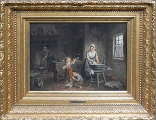 Mother And Children Doing Washing Oil Painting by Jan Jacobus Matthijs Damschroeder