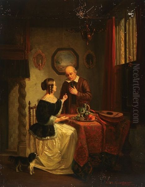 A Musical Interlude Oil Painting by Jan Jacobus Matthijs Damschroeder