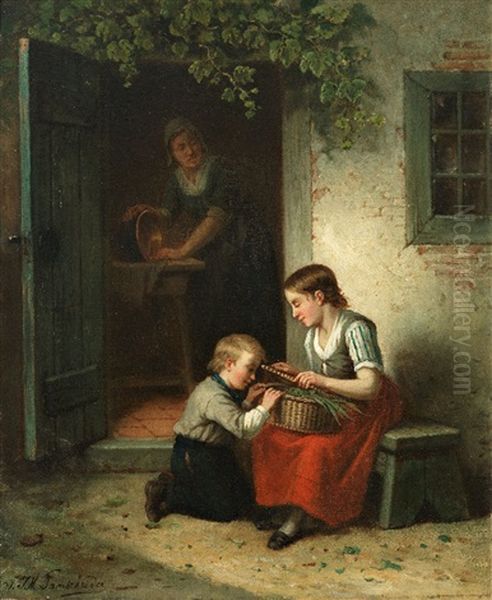 Familienidyll. Mutter Bei Der Hausarbeit Schaut Den Spielenden Kindern Zu Oil Painting by Jan Jacobus Matthijs Damschroeder