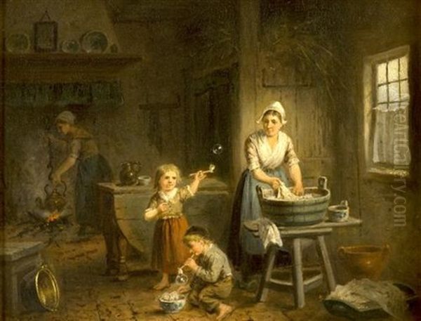 Mother And Children Doing Washing Oil Painting by Jan Jacobus Matthijs Damschroeder