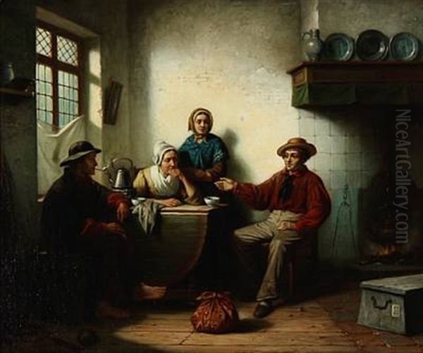 Interior With A Fisherman's Family Oil Painting by Jan Jacobus Matthijs Damschroeder