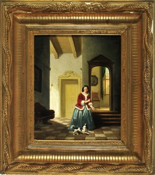 Fraulein Spielt Mit Einem Kleinen Hund Im Flur Eines Herrschaftlichen Hauses Oil Painting by Jan Jacobus Matthijs Damschroeder