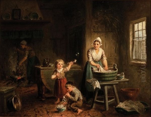 Children And Mother Doing Washing Oil Painting by Jan Jacobus Matthijs Damschroeder