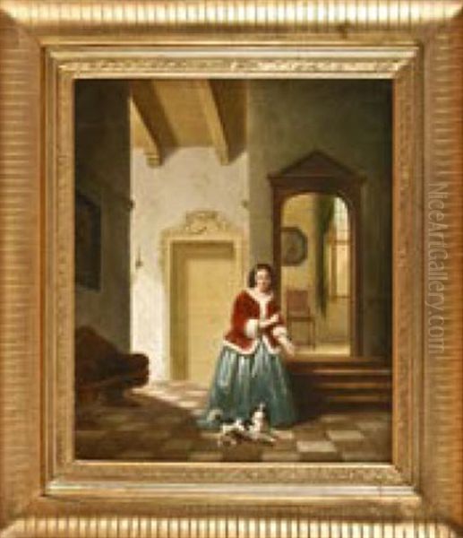 Junge Dame Mit Hund In Der Diele Oil Painting by Jan Jacobus Matthijs Damschroeder