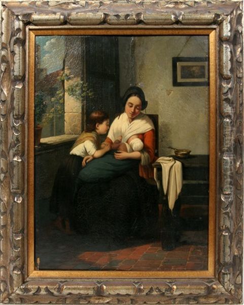 Mother And Children Oil Painting by Jan Jacobus Matthijs Damschroeder