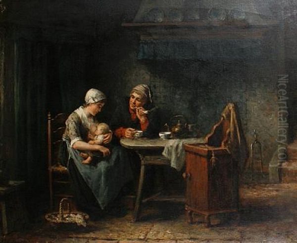 A Family In A Kitchen Interior Oil Painting by Jan Jacobus Matthijs Damschroeder