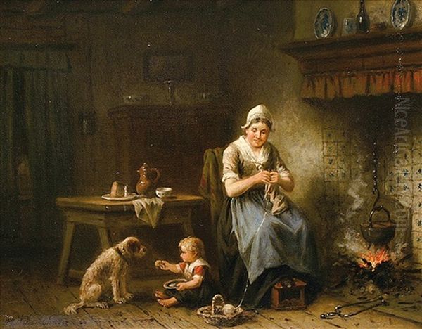 Familienszene In Der Friesenkuche Mit Mutter, Kind Und Hund Oil Painting by Jan Jacobus Matthijs Damschroeder