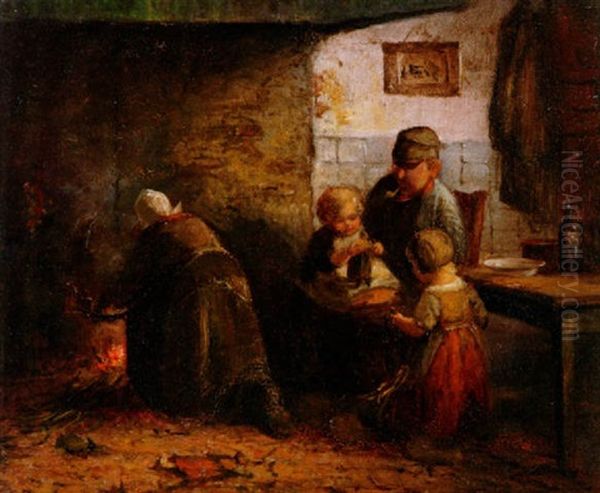 Bauernfamilie Am Kuchenfeuer Oil Painting by Jan Jacobus Matthijs Damschroeder