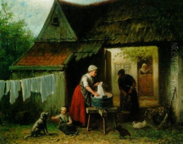 Washing Day Oil Painting by Jan Jacobus Matthijs Damschroeder