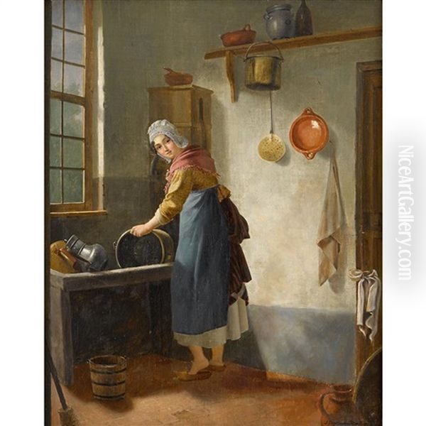 Woman In Interior Oil Painting by J.J.M. Damschroeder