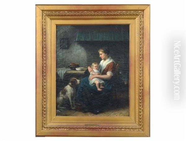 Untitled, Interior Scene With Mother, Child, And Dog Oil Painting by J.J.M. Damschroeder