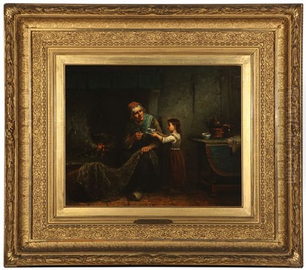 Interior Scene With A Seated Elderly Woman By The Fireside And A Young Girl Serving Her Tea Oil Painting by J.J.M. Damschroeder