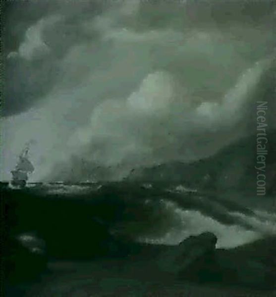 A Ship On Stormy Seas Oil Painting by Edmund Trowbridge Dana