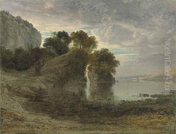 A Rocky Coastal Bay With A Boat Moored In The Foreground Oil Painting by Francis Danby