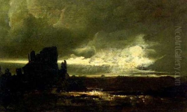 Moonlit View Of A Ruined Castle Oil Painting by Francis Danby