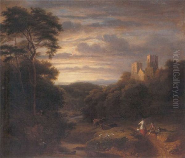 An Extensive Wooded River Landscape, With Figures And Cattle In The Foreground And A Church Beyond Oil Painting by Francis Danby