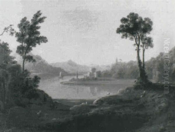 An Extensive Lake View, With A Figure And Goats In The      Foreground Oil Painting by Francis Danby