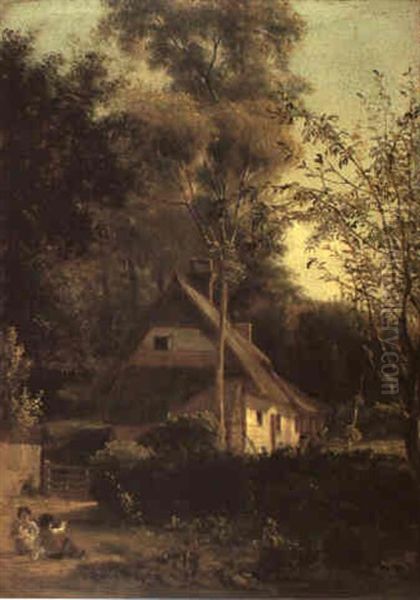 Children On A Path By A Cottage Oil Painting by Francis Danby