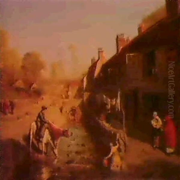 Figures At A Stream Before Terraced Houses. Oil Painting by Francis Danby