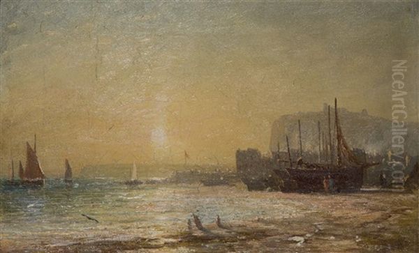 Beach Scene, Hastings, At Sunset Oil Painting by James Francis Danby