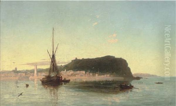 Fishing Boats Off A Coastal Landscape Oil Painting by James Francis Danby