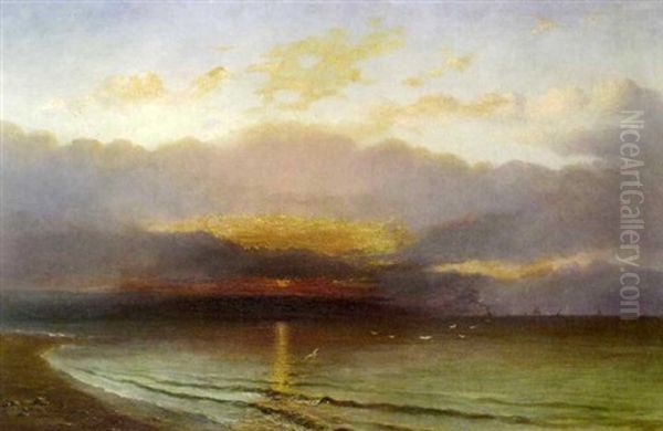 Seascape At Sunset With Distant Shipping Oil Painting by James Francis Danby