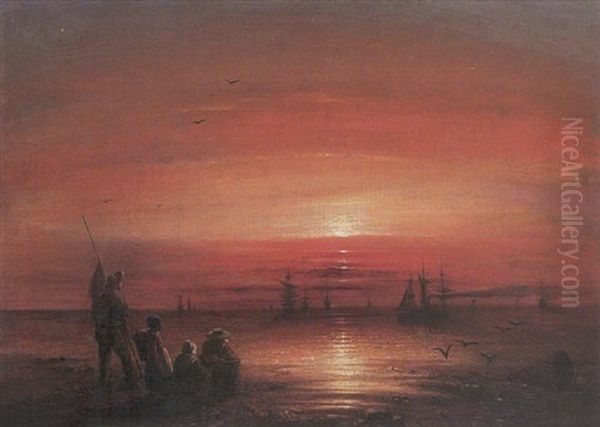 Figures In A Coastal Landscape With Shipping Oil Painting by James Francis Danby