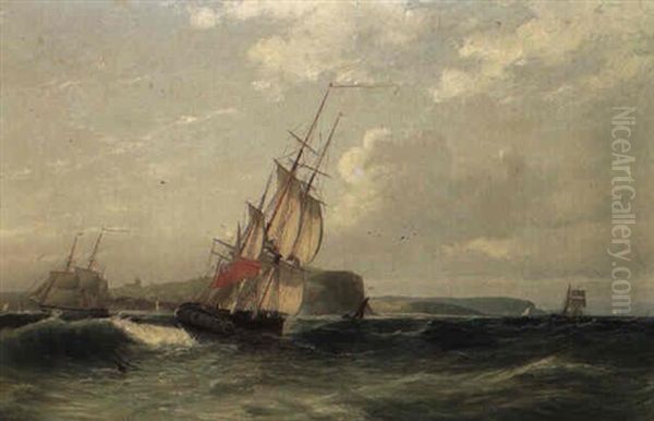 Three-master Thought To Be Sailing Off Scarborough In Two Positions Oil Painting by James Francis Danby