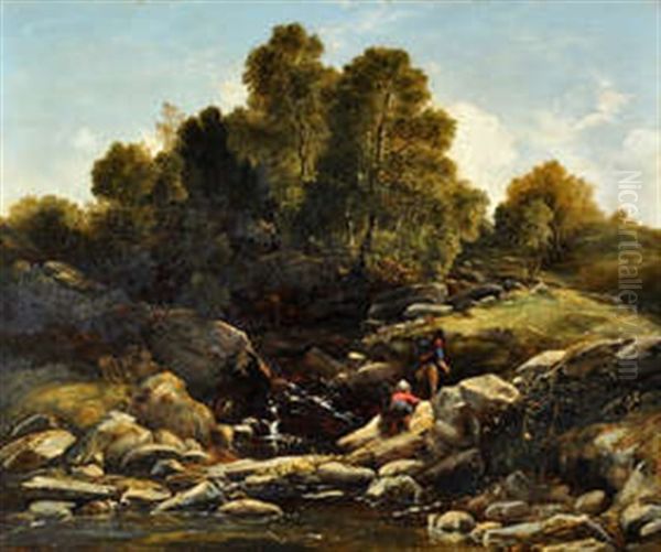 Children Playing On A Rocky River Bank Oil Painting by Thomas Danby