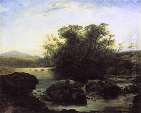 Woman Walking In A River Landscape Oil Painting by Thomas Danby