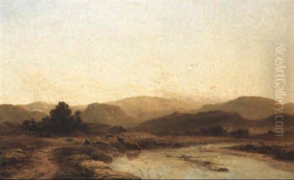 An Extensive Highland Landscape, With Figures And Livestock Oil Painting by Thomas Danby