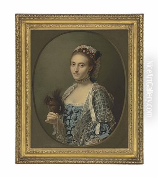 Portrait Of Olive Craster (d. 1769), Half-length, In A Blue Dress With Ribbons And A Lace Shawl, With A Pearl Necklace And Flowers In Her Hair, Holding A Squirrel, In A Feigned Oval Oil Painting by Nathaniel Dance Holland (Sir)