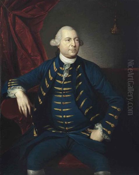 Portrait Of Sir Lawrence Dundas, 1st Baronet (c. 1710-1781), Three-quarter-length, In A Blue Coat, His Right Arm Resting On A Table, Before A Curtain Oil Painting by Nathaniel Dance Holland (Sir)