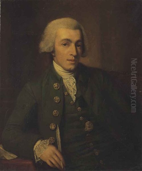 Portrait Of A Gentleman, Traditionally Identified As Sir Laurence Sterne, Half-length, Seated, In Green Oil Painting by Nathaniel Dance Holland (Sir)