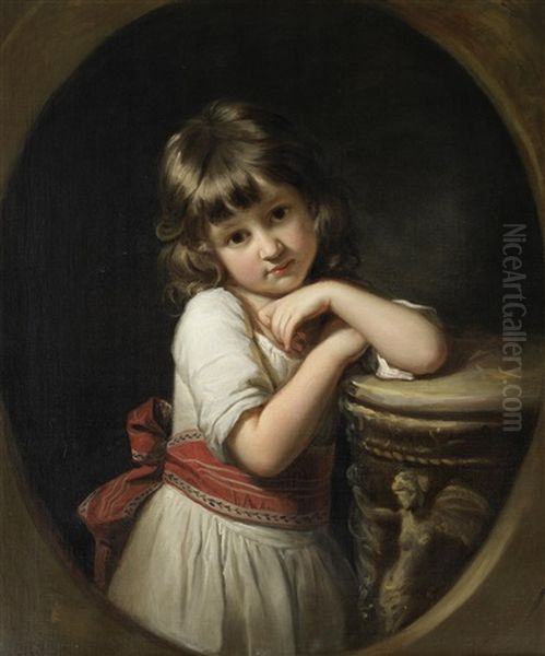 Portrait Of Lucy Hanstead, Three-quarter-length, In A White Dress With A Red Sash, Leaning On A Pillar Oil Painting by Nathaniel Dance Holland (Sir)