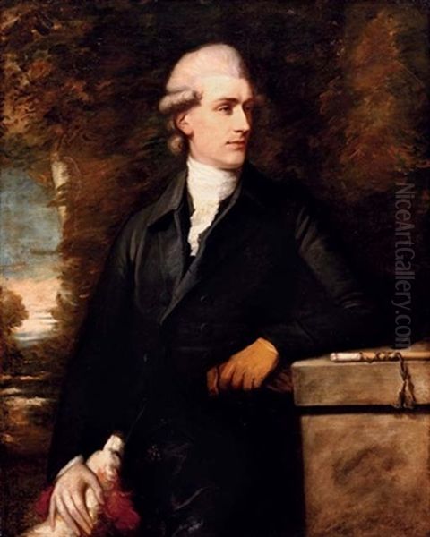 Portrait Of George Augustus Frederick Lake, In A Black Coat, His Arm Resting On A Pedestal, A Dog In A Landscape Oil Painting by Nathaniel Dance Holland (Sir)