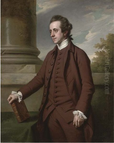 Portrait Of William Baker, M.p. Of Bayfordbury Manor, Hertford, In A Brown Suit, His Right Hand Holding A Volume Of Milton, By A Column In A Landscape Oil Painting by Nathaniel Dance Holland (Sir)