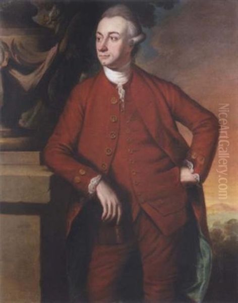 Portrait Of A Gentleman Standing In A Landscape, Wearing A Red Coat Waistcoat And Breeches, Holding A Book In His Right Hand And Leaning On A Stone Plinth Oil Painting by Nathaniel Dance Holland (Sir)