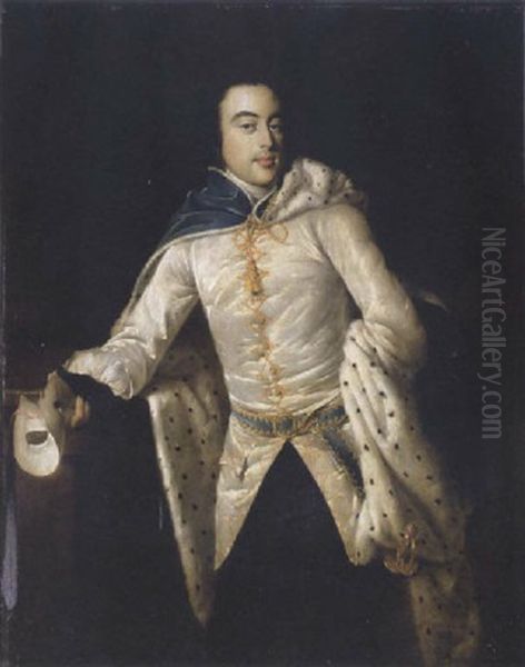 Portrait Of A Gentleman (john Palmer?) Wearing A Blue Cloak With Fur Lining And Holding A Mask In His Right Hand Oil Painting by Nathaniel Dance Holland (Sir)