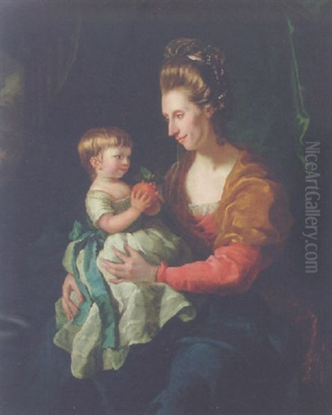 Portrait Of Elizabeth, Lady Pennyman, In A Red Dress, Resting A Child On Her Lap Holding An Orange, A Column Beyond Oil Painting by Nathaniel Dance Holland (Sir)