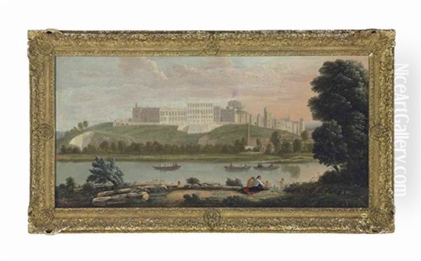 View Of Windsor Castle From The North, With Figures Boating On The River Thames And Bathers On The Bank Oil Painting by Hendrick Danckerts