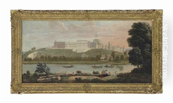 View Of Windsor Castle From The North, With Figures Boating On The River Thames And Bathers On The Bank Oil Painting by Hendrick Danckerts